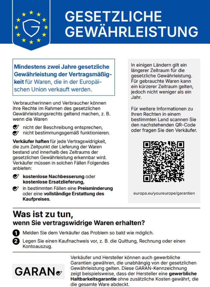 The notice in German: Gesetzliche Gewährleistung