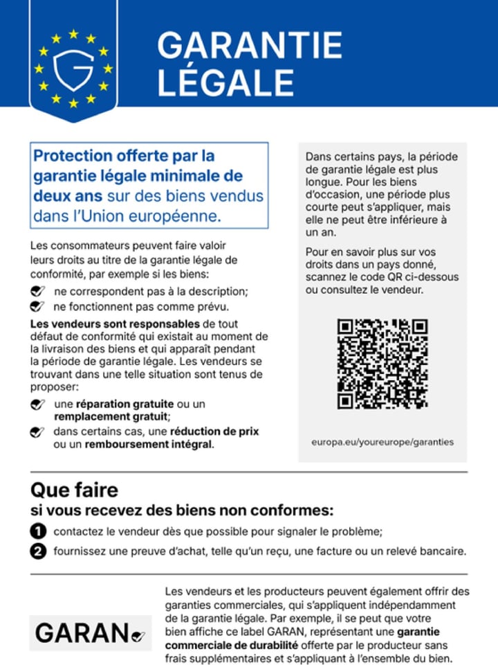 The notice in French: Garantie légale