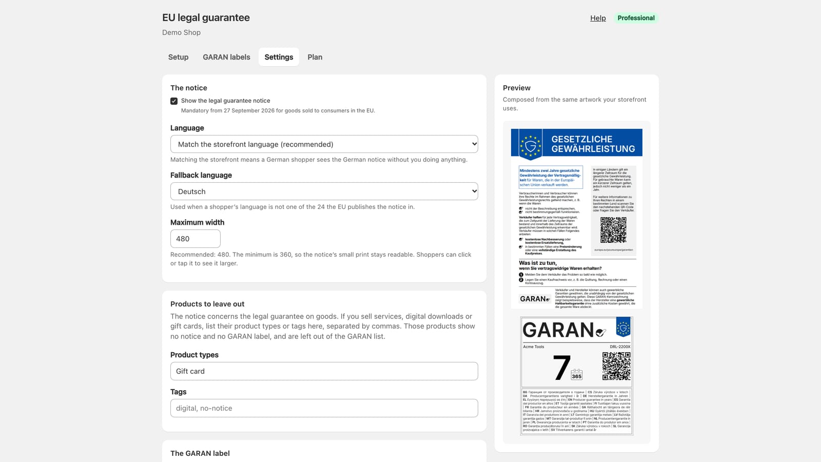 Settings screen with a preview of the German notice and a GARAN label