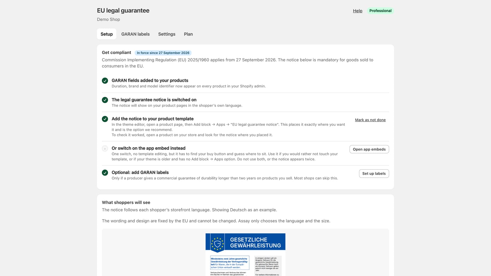 Assay's Setup screen with every compliance step ticked